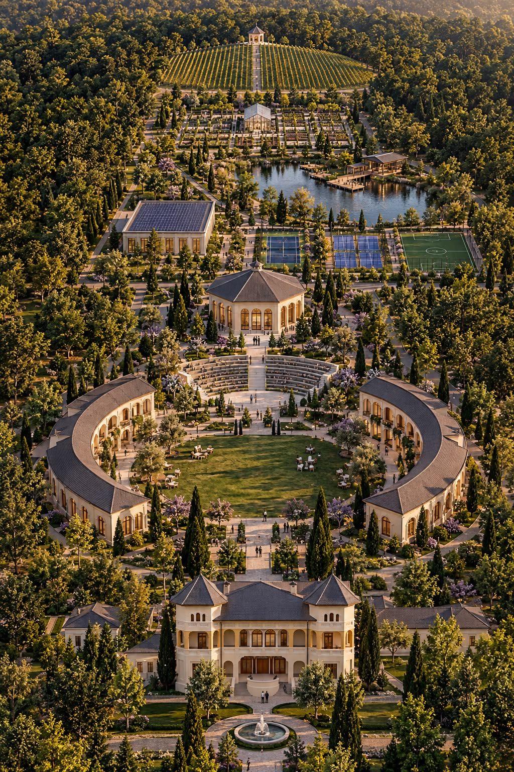 Randare aeriană a campusului: conacul în prim-plan, curtea de nord în semicerc, amfiteatrul, auditoriul, terenurile, lacul și via până la lizieră