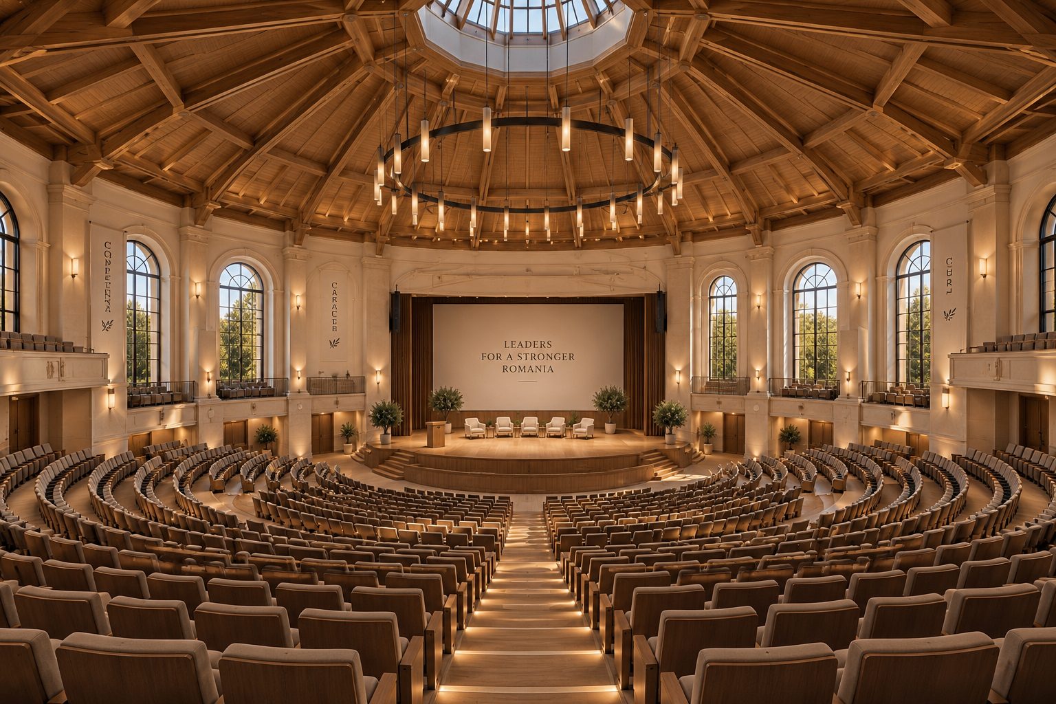 Randare: interiorul auditoriului, cu șarpantă de lemn la vedere și scenă