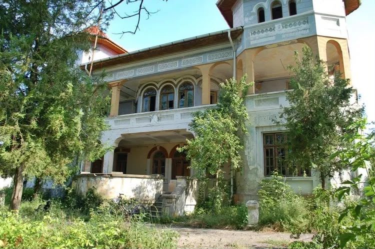Conacul astăzi: fațada cu loggia pe arcade și turnul octogonal, vegetație crescută în față