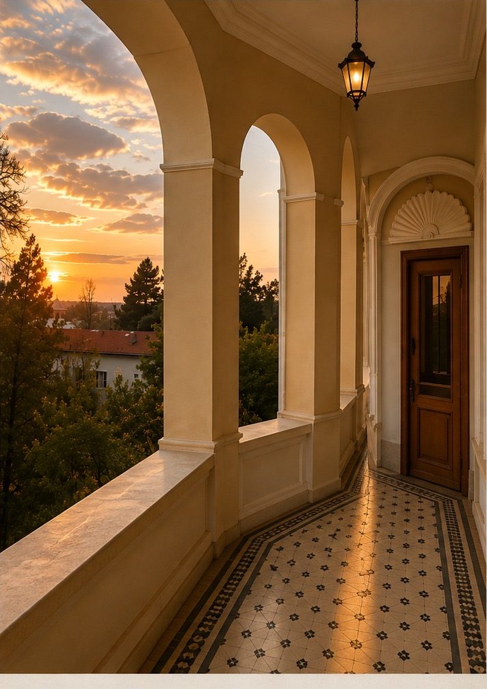 Loggia de la etaj, la apus, restaurat, viziune de concept