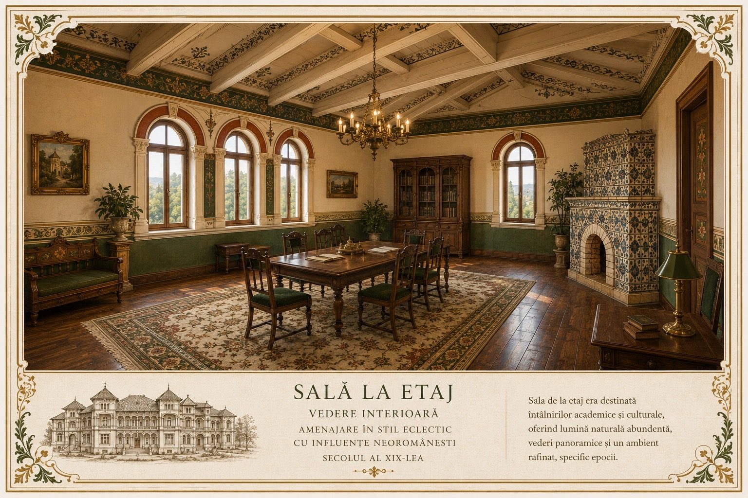Randare: sala de la etaj a conacului, cu tavan de lemn pictat, sobă de teracotă și masă lungă