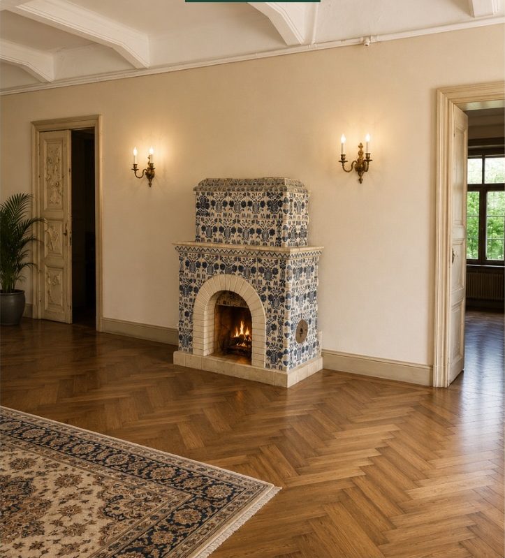 Salonul cu tavan casetat, restaurat, viziune de concept